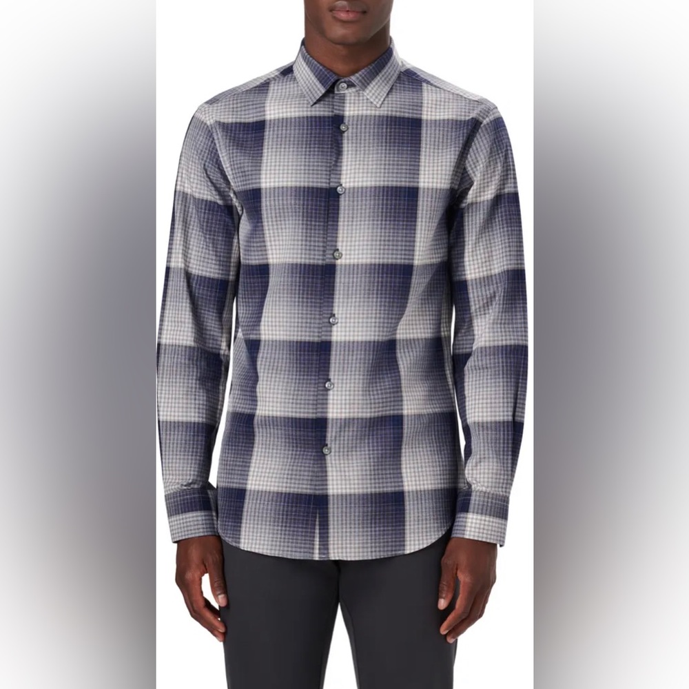 BUGATCHI 🆕 Julian Shaped Fit Check Print Cotton Button-Up Shirt. Size Medium.